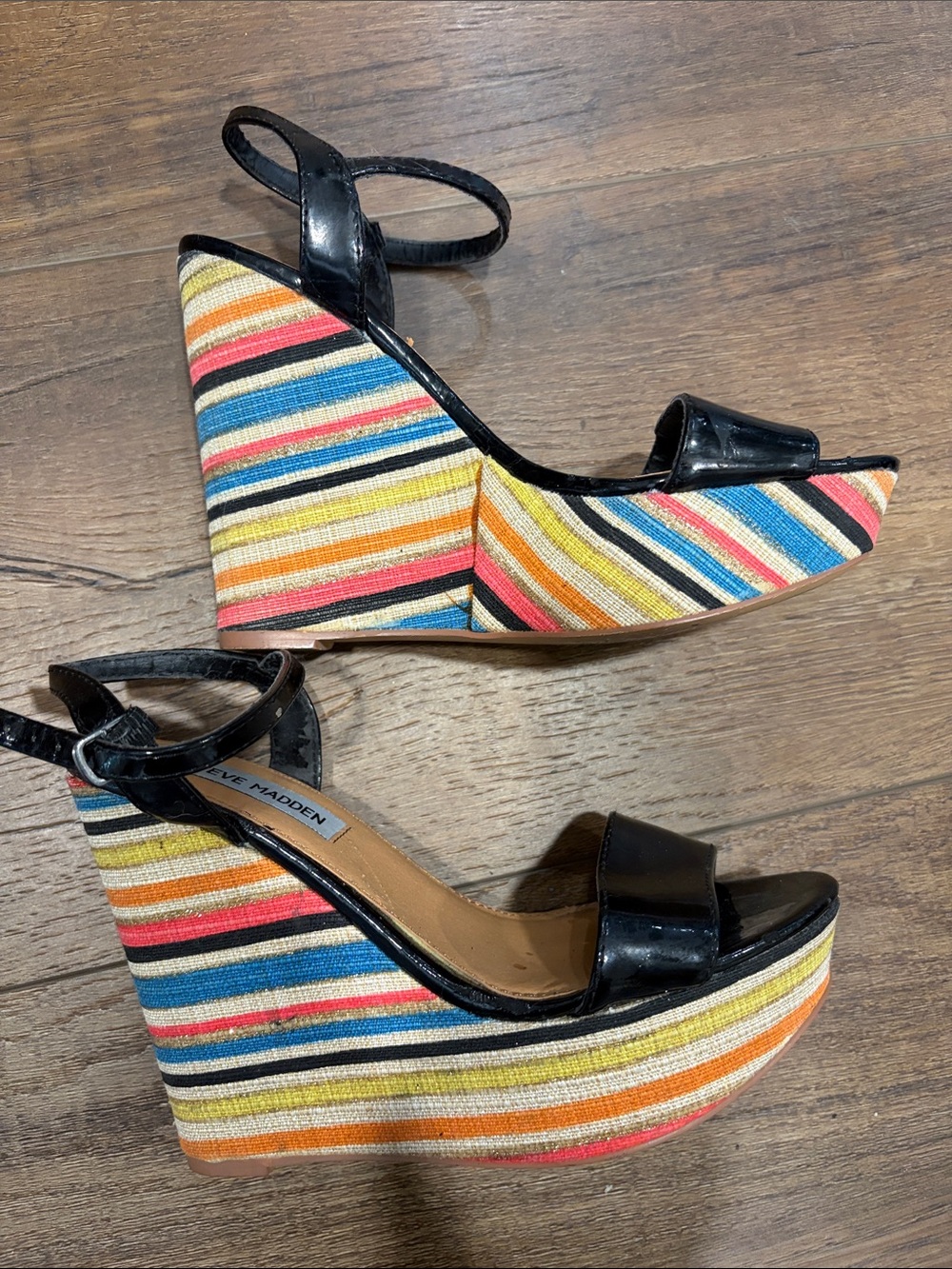 Steve Madden Black Patent Strappy Wedges with Multicolor Striped Raffia